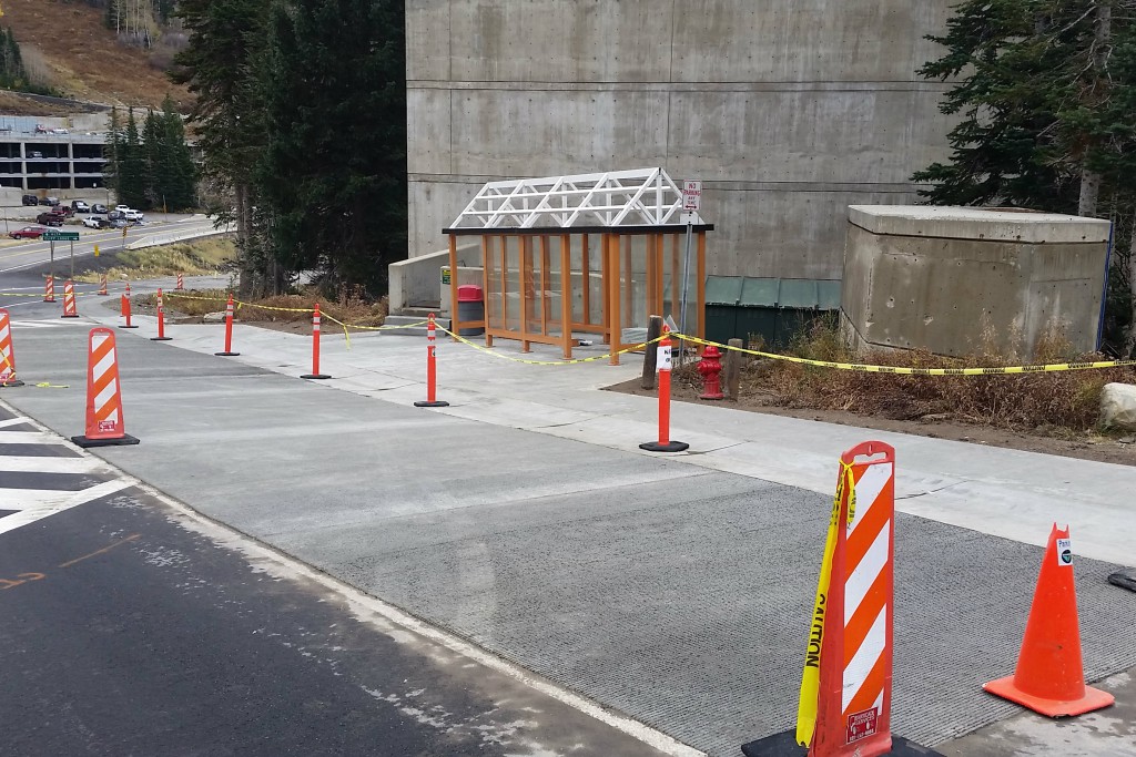 The heated ski shelter under construction at Snowbird. The shelter is now complete. 